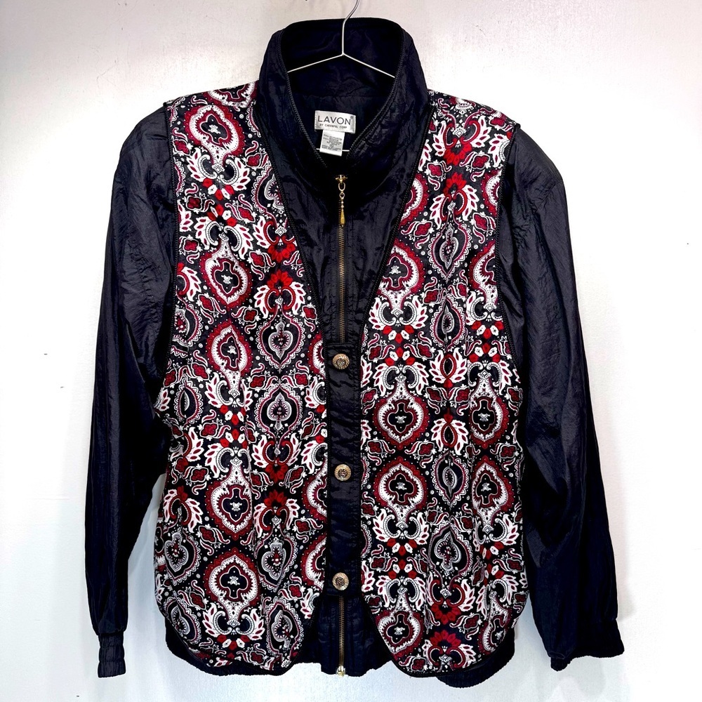 Vintage 80s Satin Tracksuit Jacket Black & Red Layered Look Zip Front Lavon XL